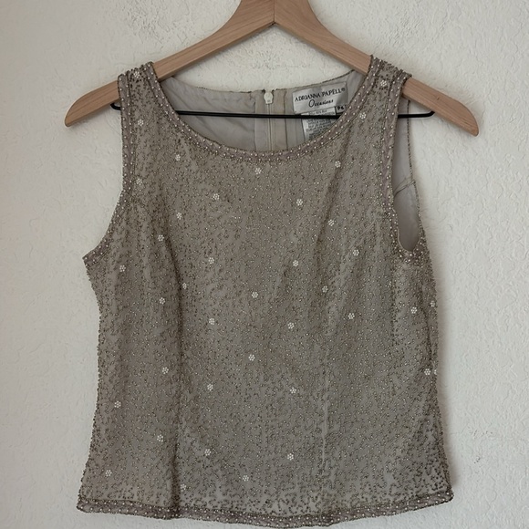 Vintage Adrianna Papell silk sequins silver grey shell and jacket set size 6p - Picture 1 of 8